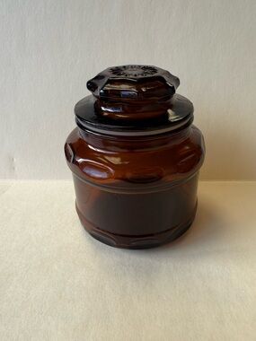 Vintage MCM Dark Amber Brown Glass Apothecary Jar Canister w/ Starburst Lid.